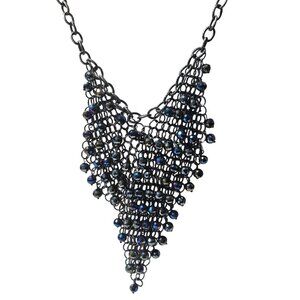 Vintage Chainmail Bib Necklace Blue Beads Statement Fashion Jewelry Women